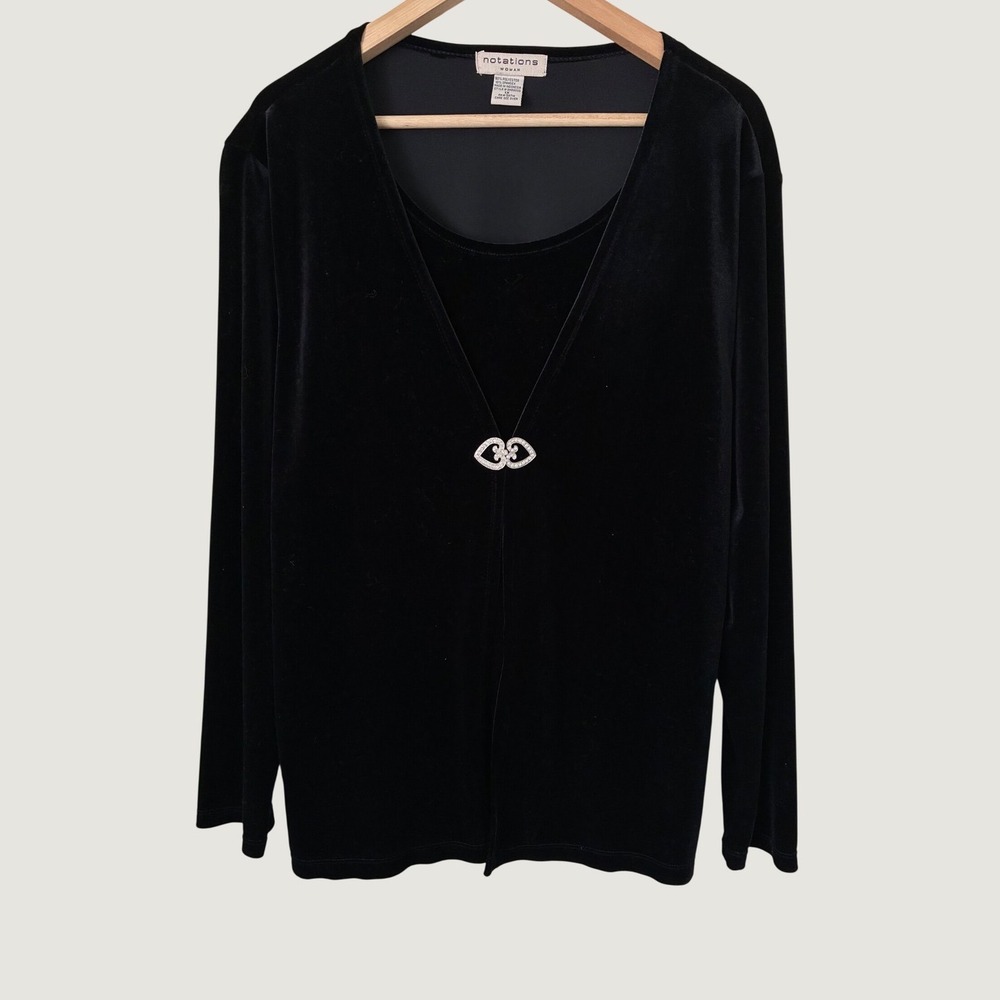 Notations Woman Black Velvet Rhinestone Heart Clasp Top Vintage SwingGoth 1X NEW